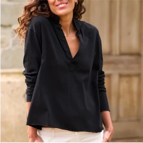 Frank & Eileen Patrick Henley Popover Heritage Jersey Cotton Top in black - Picture 4 of 16